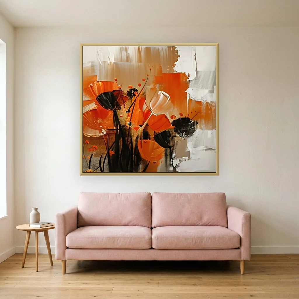 Rust orange and black impasto poppy canvas painting, shown above a blush sofa in a modern living room