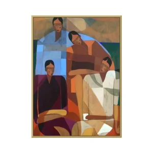 Terracotta & blue cubist four women figurative canvas painting CA29, framed canvas painting on white background
