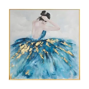 A large square painting of a ballerina seen from behind, bare back and dark bun, in a full blue tutu streaked with gold leaf, against a pale gray and white ground, in loose thick palette-knife strokes.