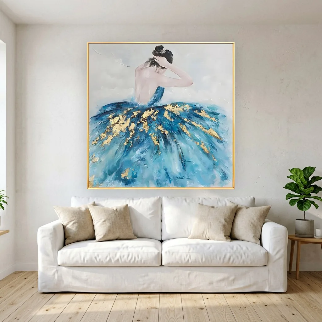 Deep blue and gold palette-knife ballet dancer canvas painting, shown above a white sofa in a coastal living room
