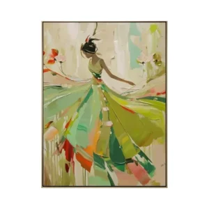 A large vertical painting of a woman mid-spin in a long flowing green dress, the skirt breaking into broad coral, orange and lime color blocks, against a soft cream ground, in thick palette-knife strokes.