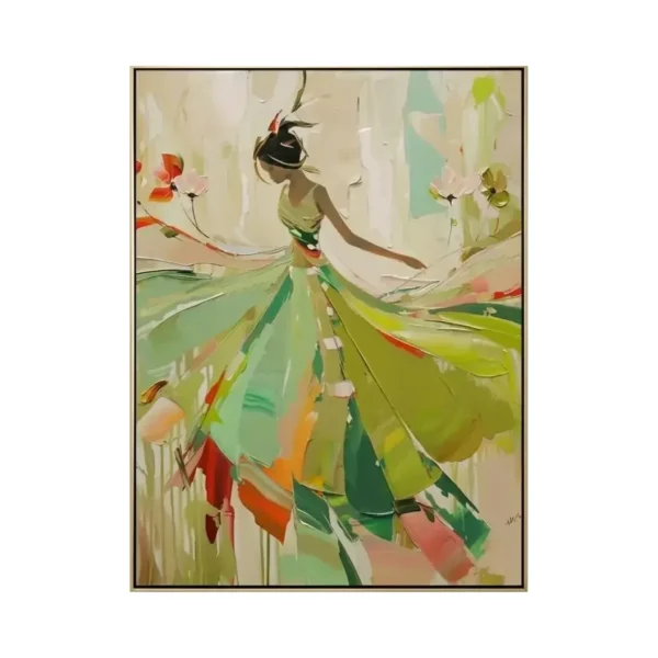A large vertical painting of a woman mid-spin in a long flowing green dress, the skirt breaking into broad coral, orange and lime color blocks, against a soft cream ground, in thick palette-knife strokes.
