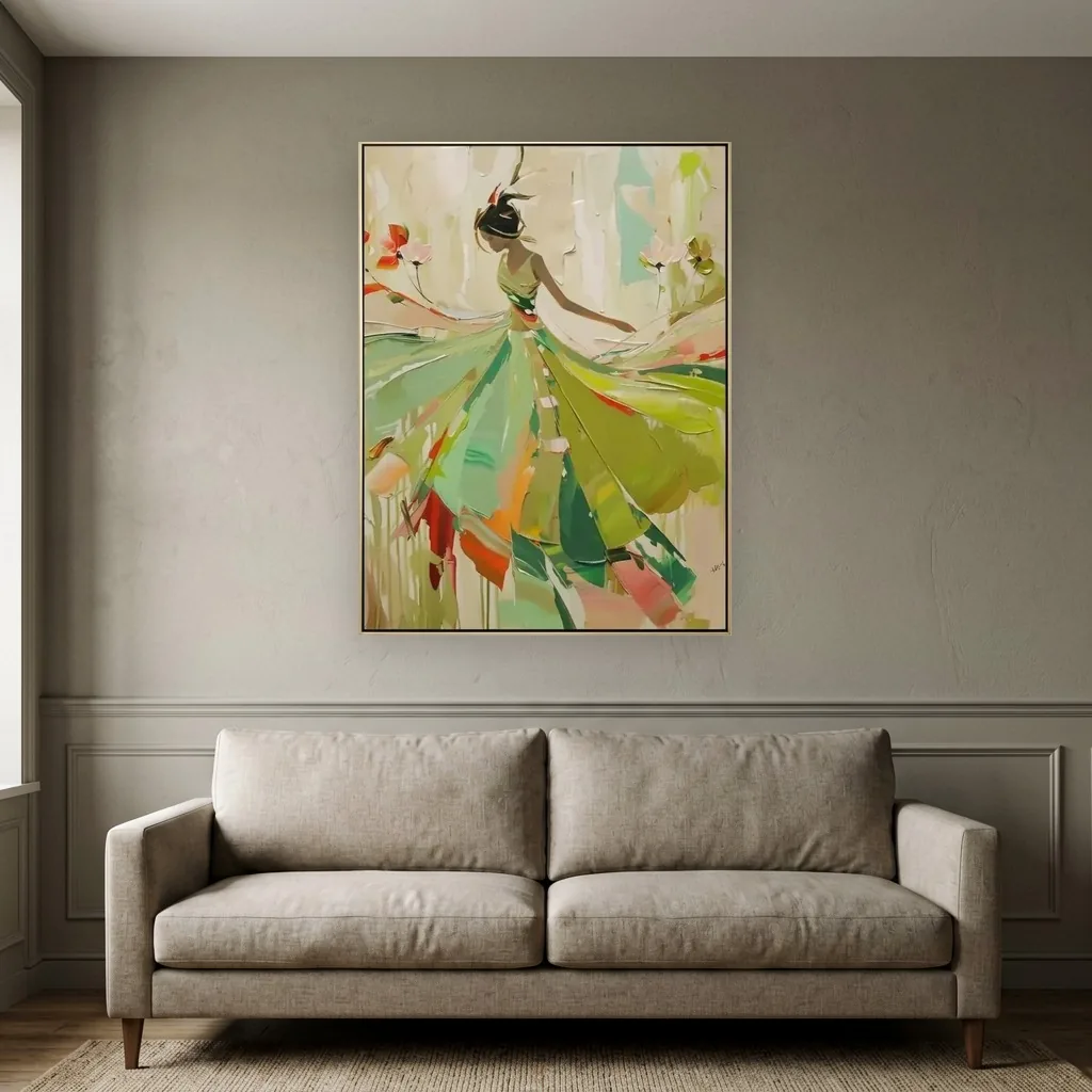 Emerald and coral palette-knife spinning dancer canvas painting, shown above a sofa in an elegant traditional living room