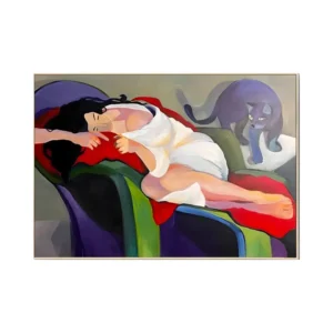 Canvas painting of a dark-haired woman in a loose white slip sleeping full length on a chaise piled with red, green, and purple drapery, while a large violet cat stalks in at the upper right in flat bold color blocks.