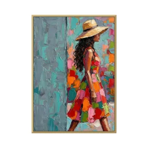 Ruby & teal impasto woman in a sunhat canvas painting CA33, framed canvas painting on white background