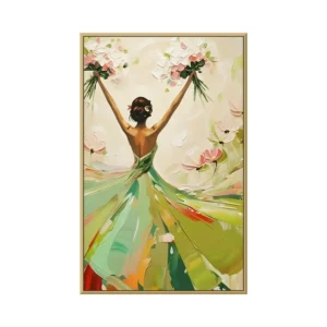 Emerald green impasto woman with a bouquet canvas painting CA34, framed canvas painting on white background