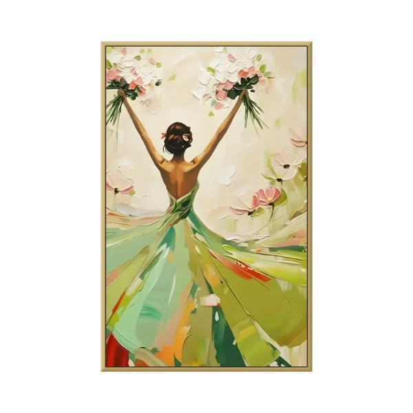Emerald green impasto woman with a bouquet canvas painting CA34, framed canvas painting on white background