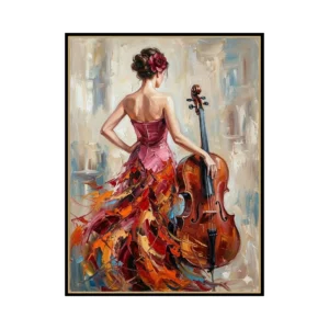 A large vertical painting of a woman seen from behind in a flowing red and orange gown, dark bun and a flower in her hair, holding a wooden violin at her side, against a pale cream ground, in thick palette-knife strokes.