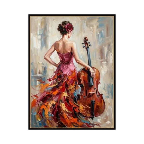 A large vertical painting of a woman seen from behind in a flowing red and orange gown, dark bun and a flower in her hair, holding a wooden violin at her side, against a pale cream ground, in thick palette-knife strokes.