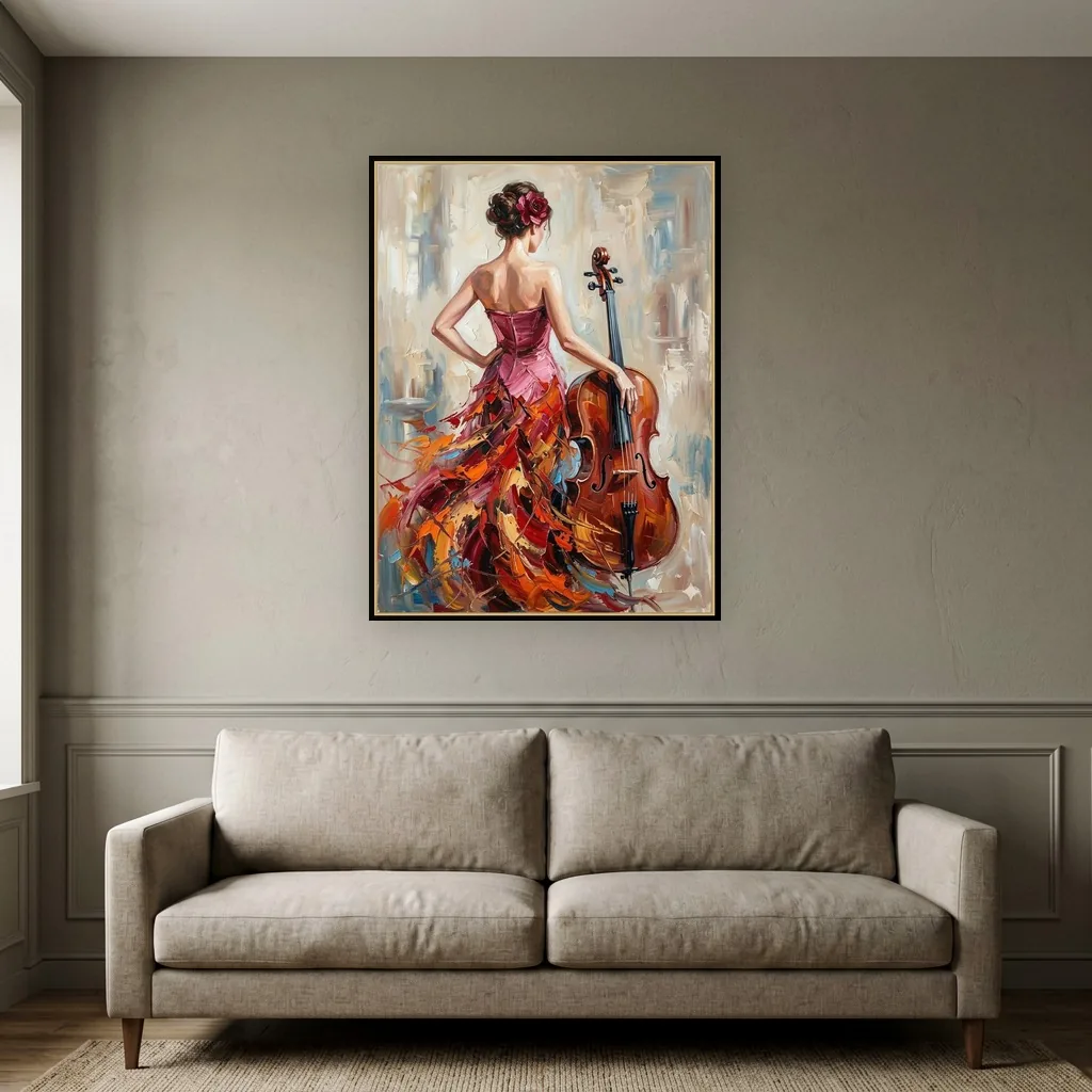 Crimson and gold palette-knife violinist lady canvas painting, shown above a sofa in an elegant traditional living room