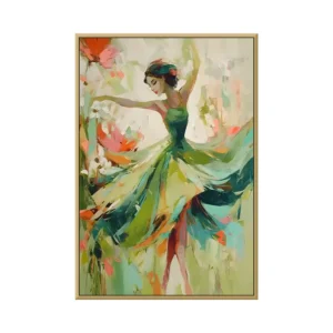 Emerald green impasto spinning ballerina canvas painting CA36, framed canvas painting on white background