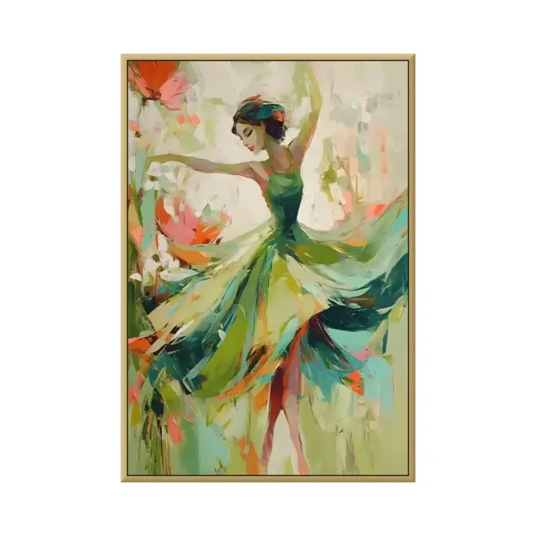 Emerald green impasto spinning ballerina canvas painting CA36, framed canvas painting on white background