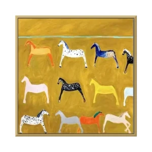 A large square painting of rows of small folk-art horses in white, blue, black, pink, yellow and orange, some spotted, against a warm ochre ground, in flat naive brushwork.