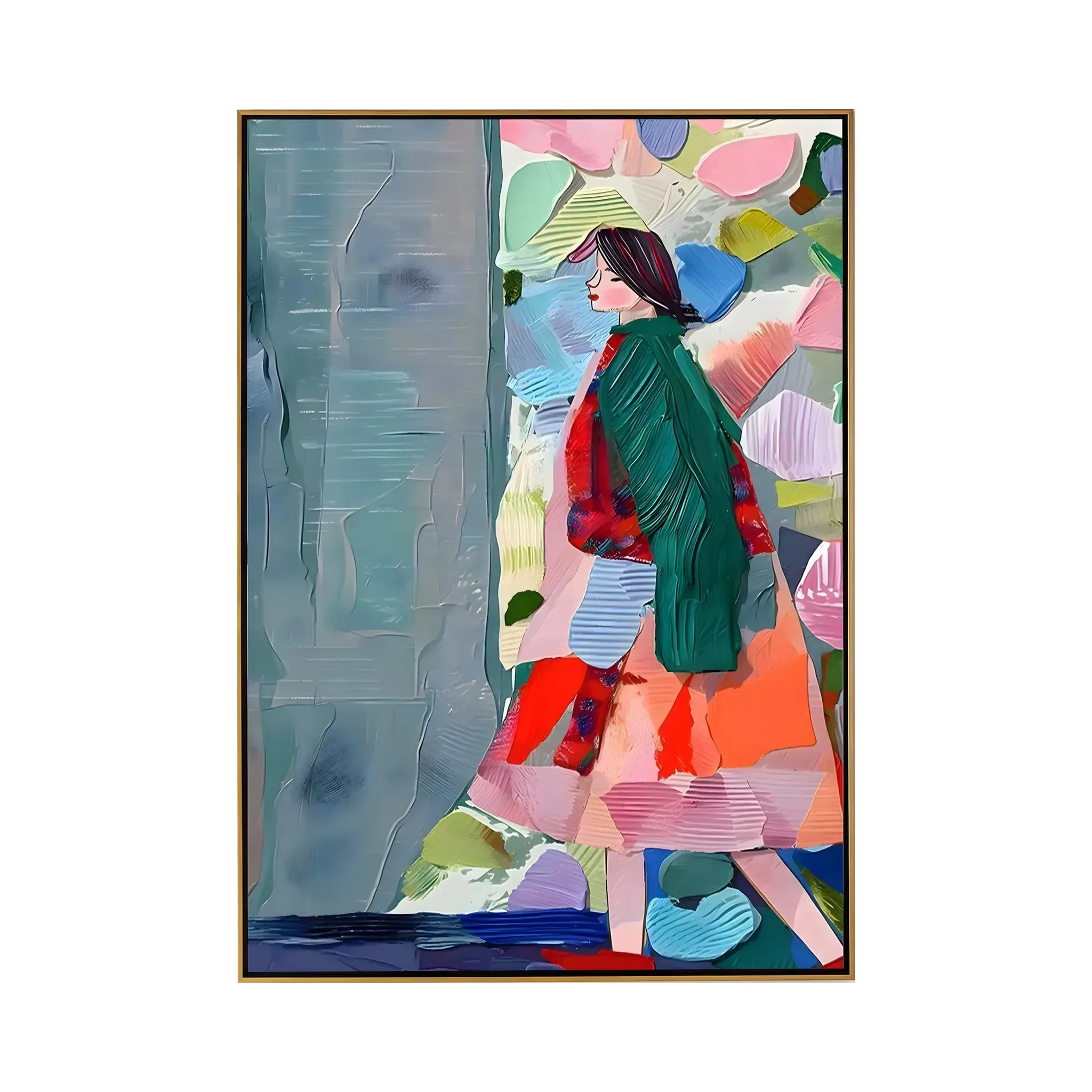 A large vertical painting of a woman walking in profile in a green coat and red scarf, set against soft pink, blue and green abstract color blocks, in flat figurative brushwork.