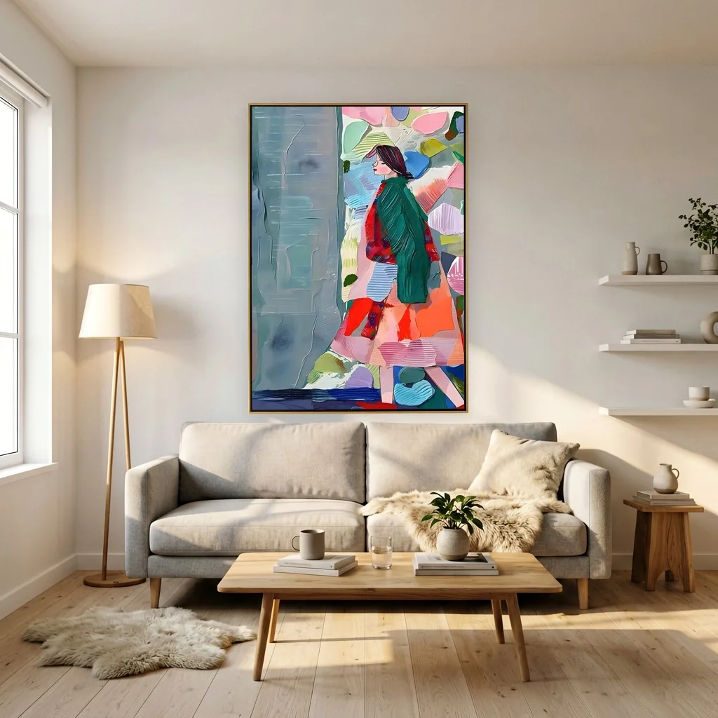 Emerald green coat strolling woman figurative canvas painting, shown in a sunny Scandinavian living room