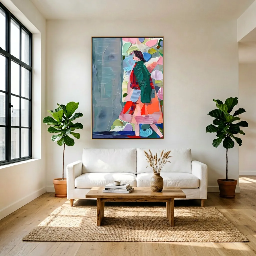 Emerald green coat strolling woman figurative canvas painting, shown in a bright white loft living room