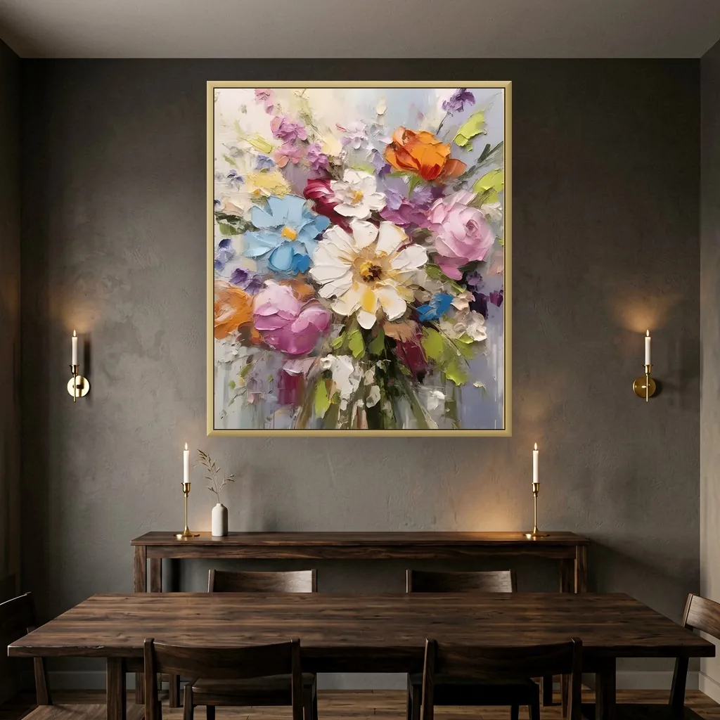 Gold-framed canvas painting of a mixed bouquet with a white daisy center, an orange rose, and pink peonies, hung on a charcoal plaster wall between brass candle sconces above a dark wood dining table