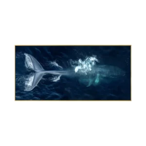 A large horizontal painting of a whale surfacing in deep navy ocean, its pale tail raised above foaming white water, the sea loosely brushed in blue, teal and white impressionist strokes.
