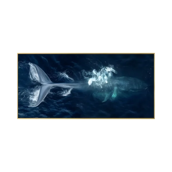 A large horizontal painting of a whale surfacing in deep navy ocean, its pale tail raised above foaming white water, the sea loosely brushed in blue, teal and white impressionist strokes.