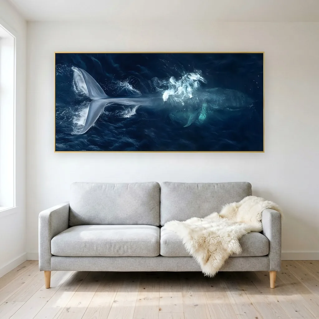 Deep blue whale canvas painting, its pale tail fluke breaking through white foam, hung in a slim gold frame over a light gray sofa in a Scandinavian living room