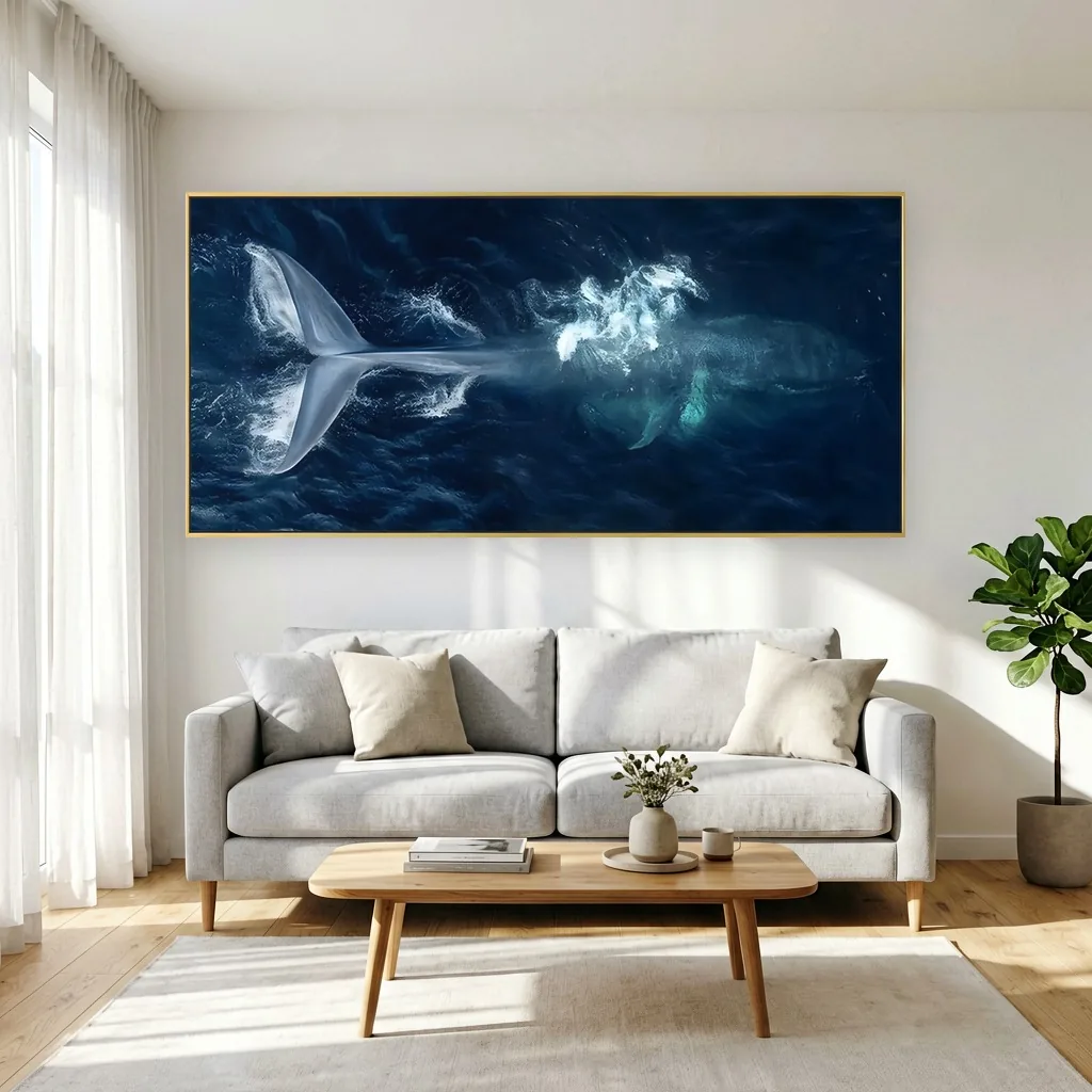 Panoramic whale painting in navy and sea green, the animal gliding just below churned white surf, mounted above a greige sofa and slatted wood coffee table in a sunlit living room with sheer white curtains.