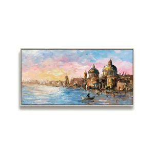 A large horizontal painting of Venice at sunset, domed basilica and skyline in warm gold and brown, a gondola on pink-and-blue lit water, in loose flecked impressionist strokes.