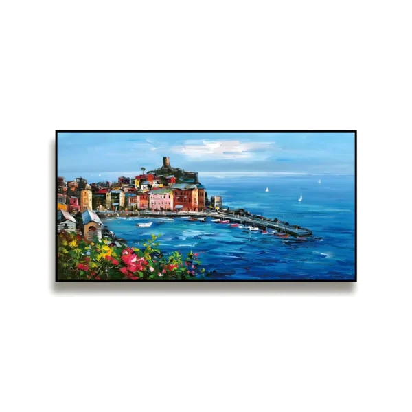 A large horizontal painting of a Cinque Terre clifftop village above a turquoise bay, colorful houses and a stone breakwater, pink and red flowers in the foreground, in thick impressionist strokes.