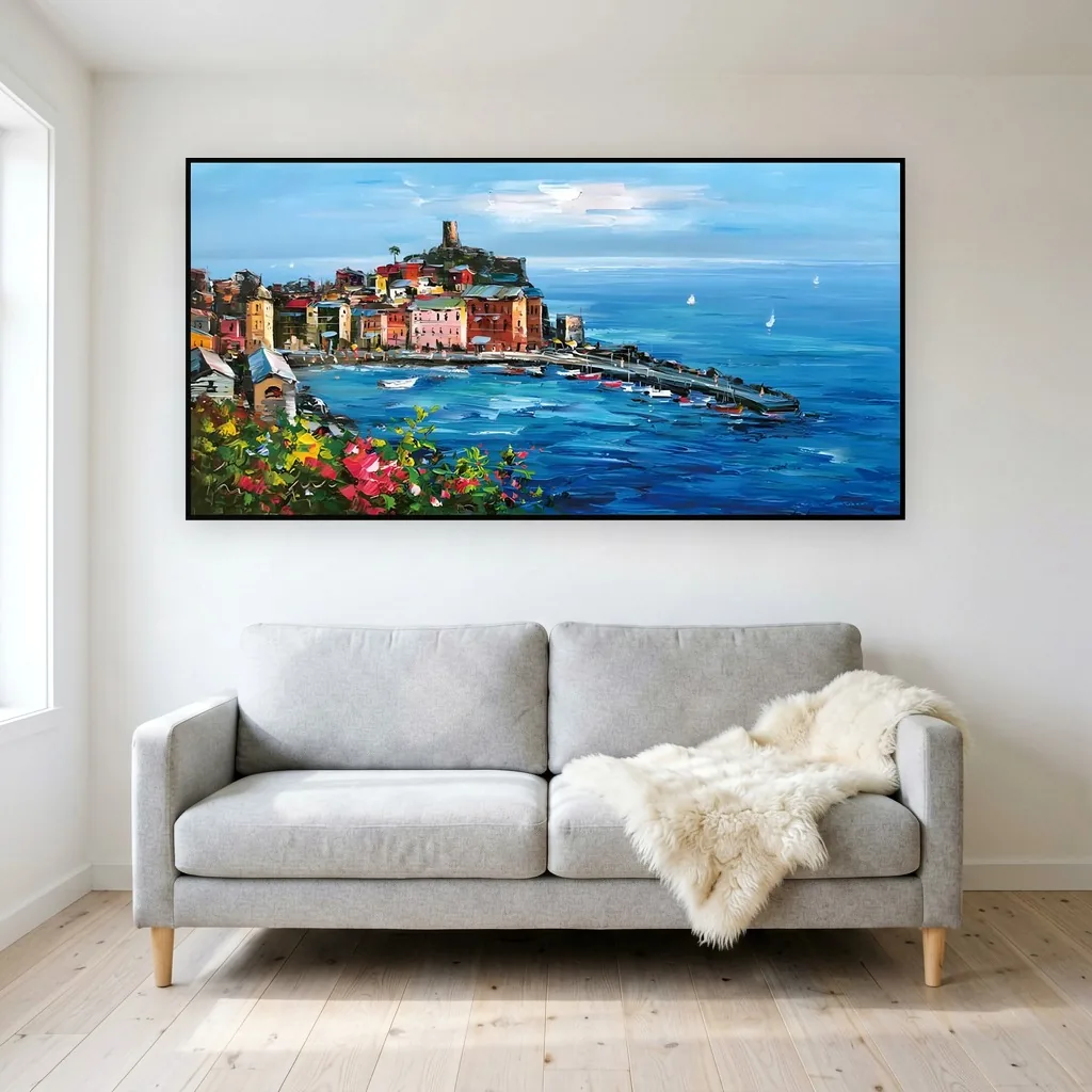 Turquoise and coral coastal village impressionist canvas painting, shown in a bright Scandinavian living room