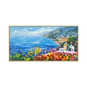 A large horizontal impressionist painting of an Amalfi coastline with a hillside town, blue sea and sailboats, framed by pink, red and yellow flowers in the foreground, in thick palette-knife strokes.