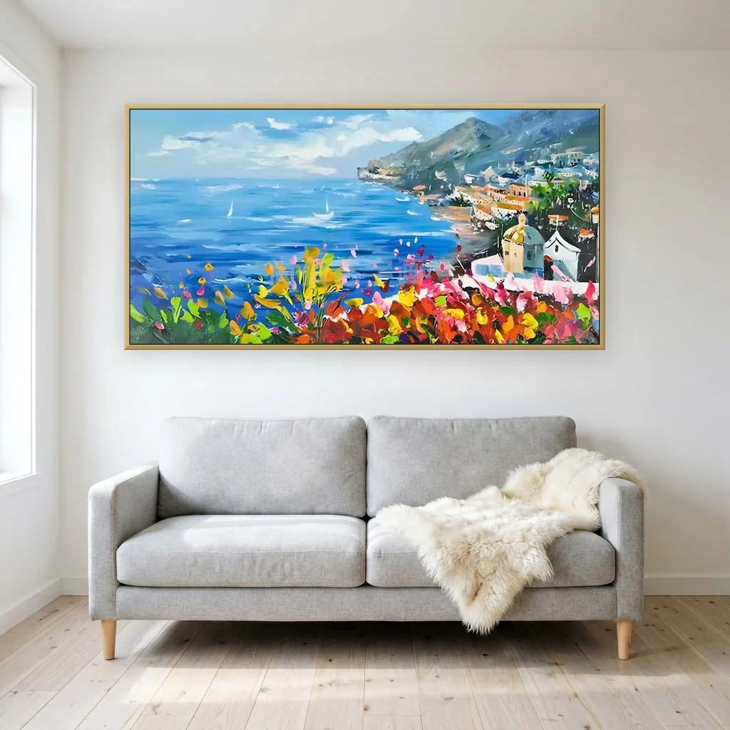 Blue and coral Amalfi flower coast impressionist canvas painting, shown in a bright Scandinavian living room
