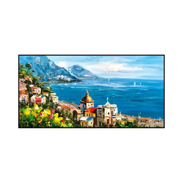 A large horizontal impressionist painting of a Mediterranean coastal town with a domed church, blue sea and distant mountains, framed by green foliage and flowers, in heavy palette-knife oil