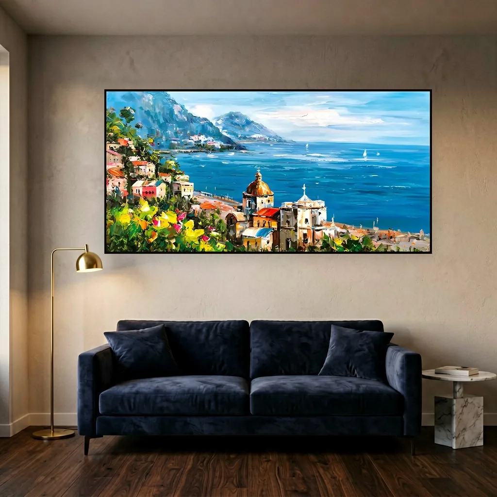 Blue and terracotta domed coastal village impressionist painting, shown above a navy sofa in a luxe living room
