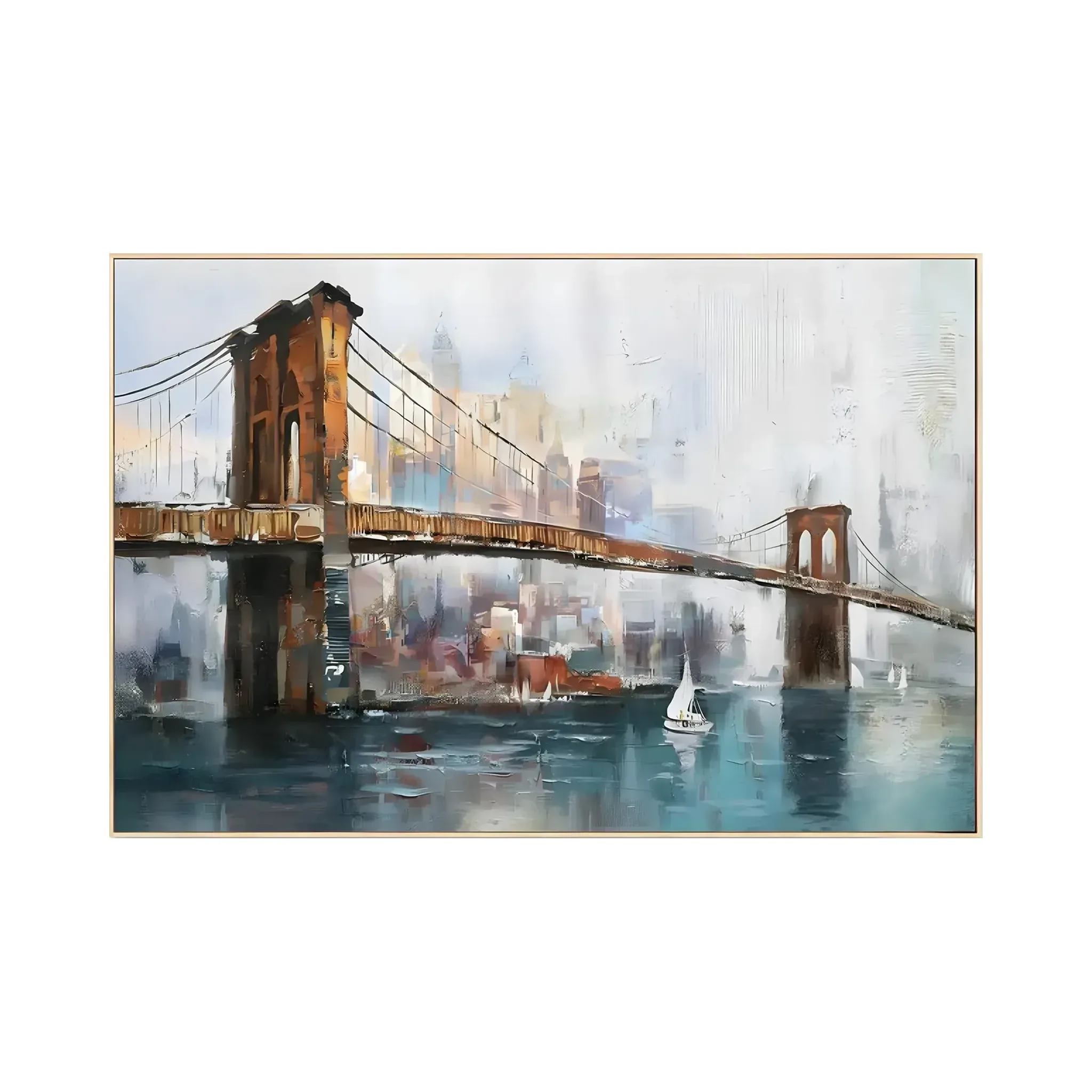 A large horizontal impressionist painting of the Brooklyn Bridge in teal and rust over hazy water, a white sailboat below and a soft city skyline behind