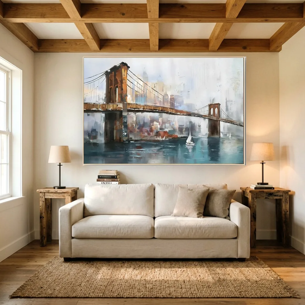 Hazy rust and teal Brooklyn Bridge impressionist canvas painting, shown in a modern farmhouse living room