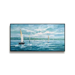 A large horizontal impressionist painting of white sailboats drifting on a sparkling blue-green sea under a cloudy sky, a wooded shore behind, in thick palette-knife oil.
