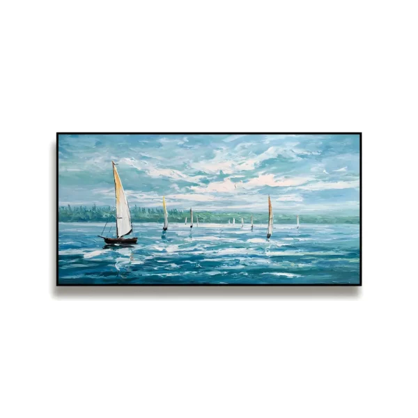 A large horizontal impressionist painting of white sailboats drifting on a sparkling blue-green sea under a cloudy sky, a wooded shore behind, in thick palette-knife oil.