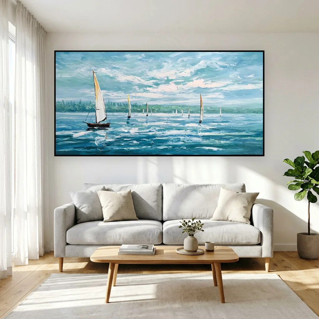 Palette-knife oil painting of white sailboats on choppy blue-green water, one dark hull leading on the left under a cloud-streaked sky, hung above a light gray sofa with cream pillows in a sunlit living room