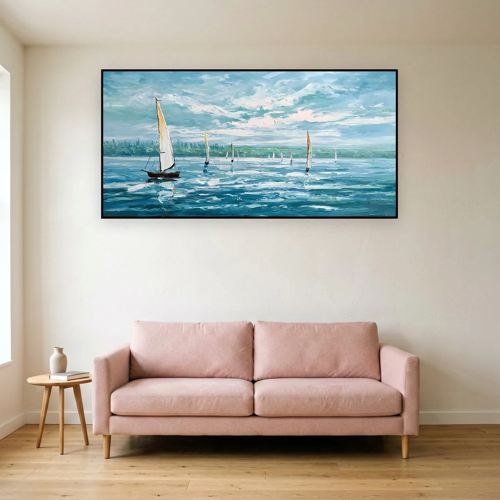 Breezy blue-green sailboats at sea impressionist canvas painting, shown above a blush sofa in a modern living room