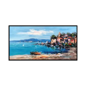 A large horizontal impressionist painting of a coastal village around a turquoise bay with colorful houses, moored boats and a boat on the sand, in heavy palette-knife oil.