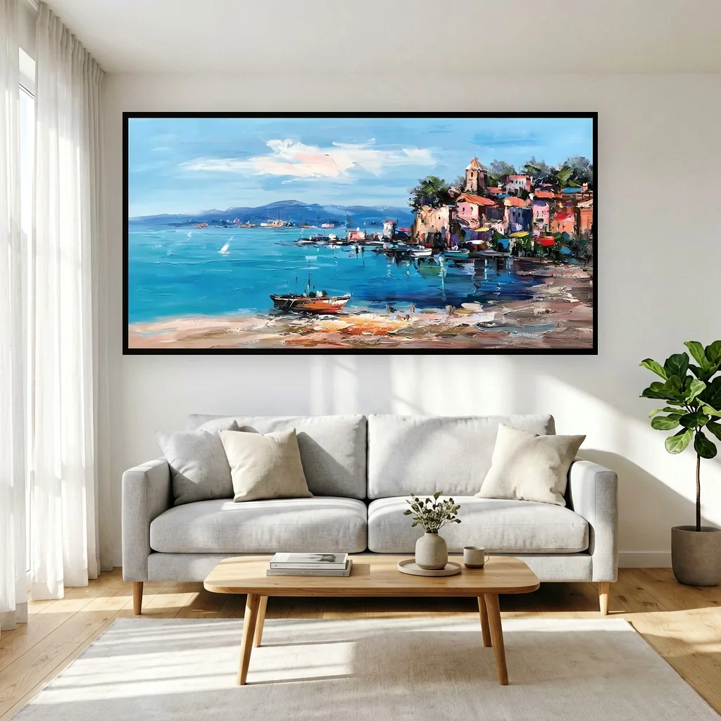 Palette-knife oil painting of a turquoise bay, pink and terracotta harbor houses on the right shore and a small boat beached on golden sand, hung above a light gray sofa in a sunlit white living room