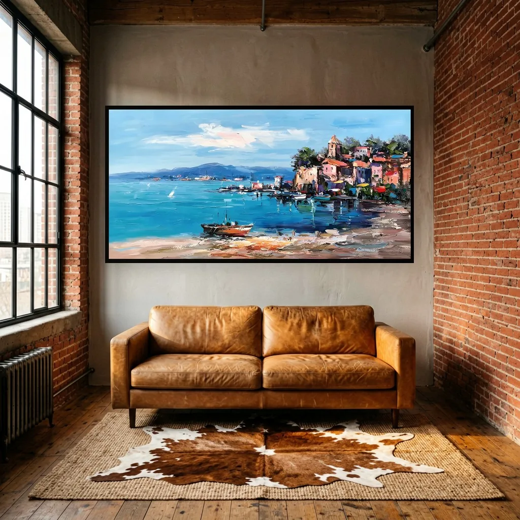 Thick paint canvas of a Mediterranean harbor village, rose-toned houses climbing above docked boats on a turquoise inlet, framed in black between exposed brick walls over a caramel leather loveseat