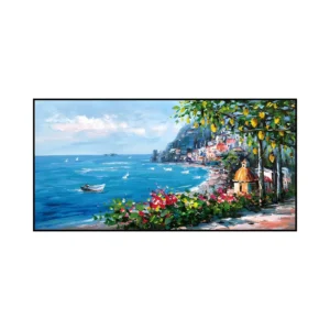 A large horizontal impressionist painting of an Amalfi coast framed by a lemon tree, with a hillside town, blue-green sea, sailboats and pink flowers, in thick palette-knife oil.