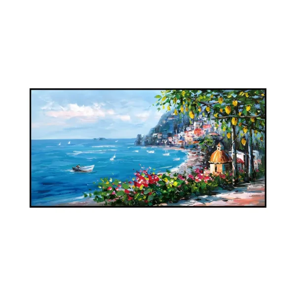 A large horizontal impressionist painting of an Amalfi coast framed by a lemon tree, with a hillside town, blue-green sea, sailboats and pink flowers, in thick palette-knife oil.