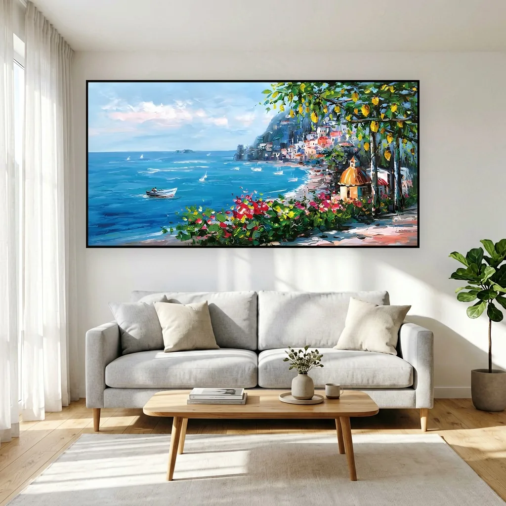 Palette-knife oil painting of a lemon-grove coast, yellow fruit branches hanging over pink bougainvillea and a blue bay with a small boat, hung above a light gray sofa and oak table in a sunlit living room