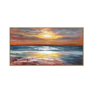 Burnt orange sunset sea impressionist canvas painting IA12, framed canvas painting on white background