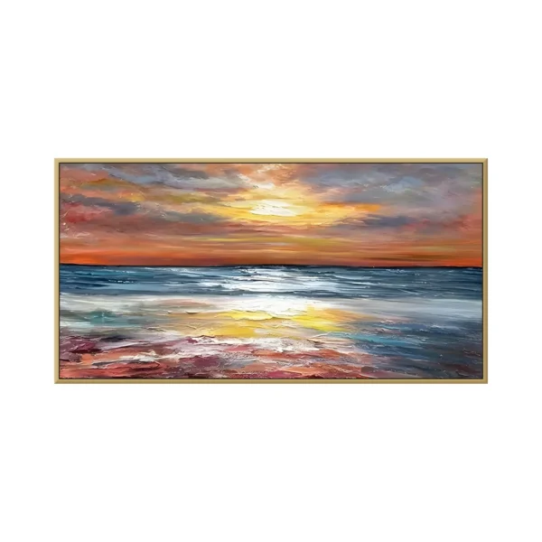 Burnt orange sunset sea impressionist canvas painting IA12, framed canvas painting on white background