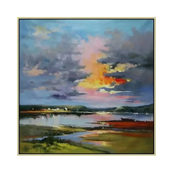 A large square impressionist painting of a fiery orange sunset breaking through purple and gray clouds over a calm estuary, a distant village and red-gold shoreline below, in soft blended oil.
