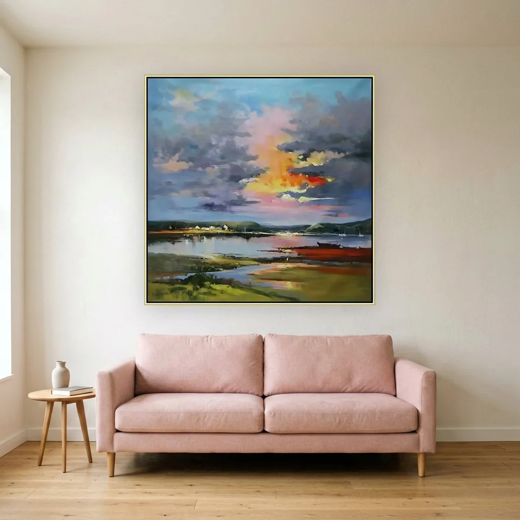 Plum and amber sunset estuary impressionist canvas painting, shown above a blush sofa in a modern living room