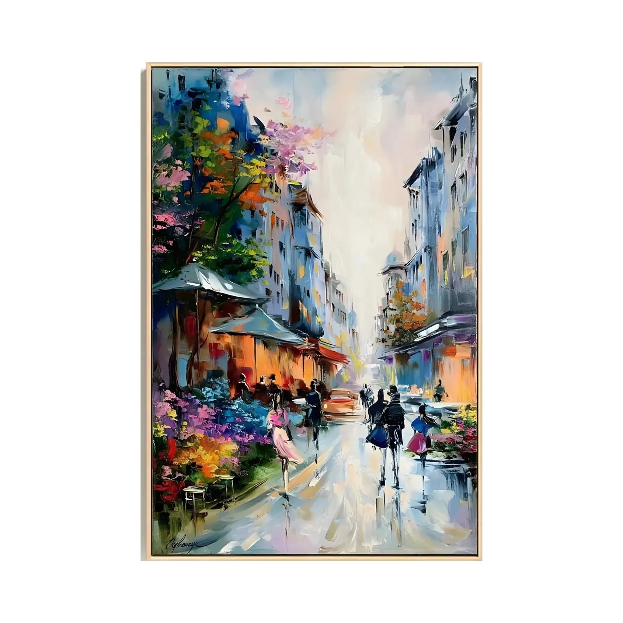Hand-painted impressionist view of a Paris street with a flower-lined café and wet pavement