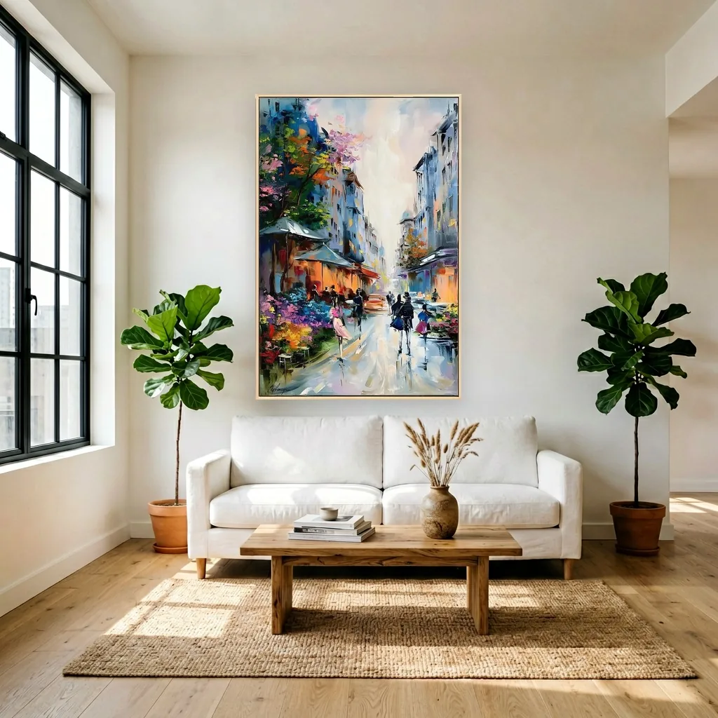 Pink and blue rainy Paris cafe street impressionist painting, shown in a bright white loft living room
